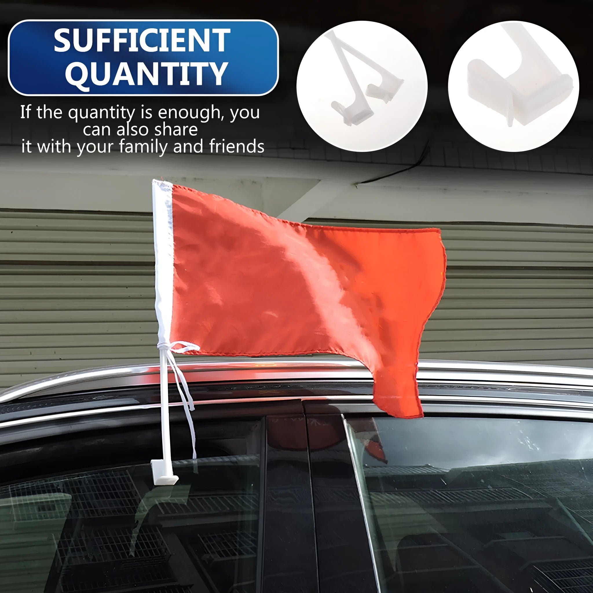 White plastic car window flag holder clip shown mounted on a vehicle window.