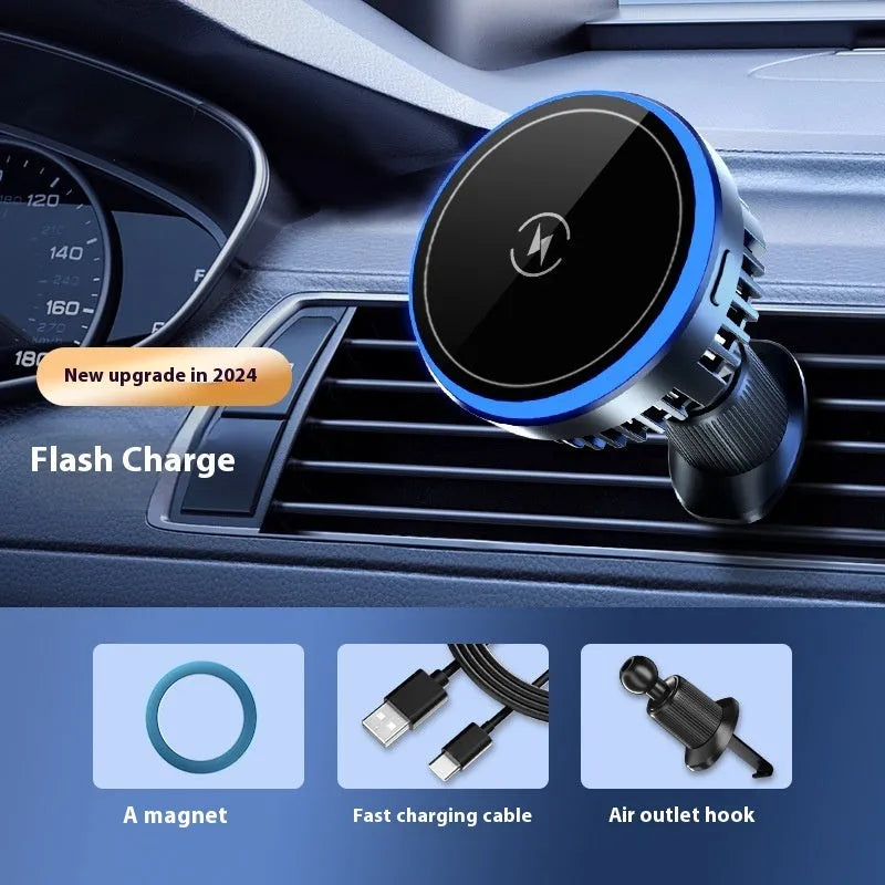 Magnetic car wireless charger navigation rack in black with Type-C input for dashboard mounting