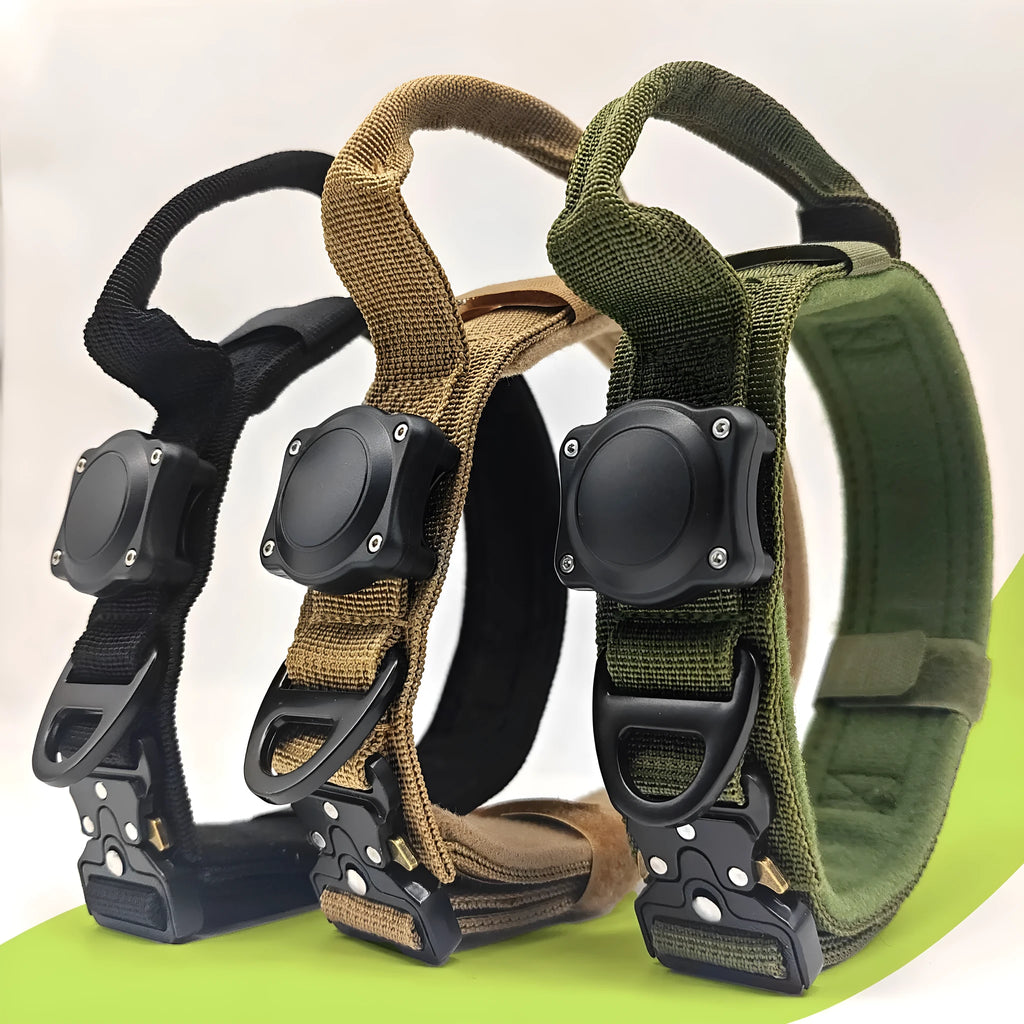 Tactical waterproof dog collar with positioning ring in black army green and khaki colours