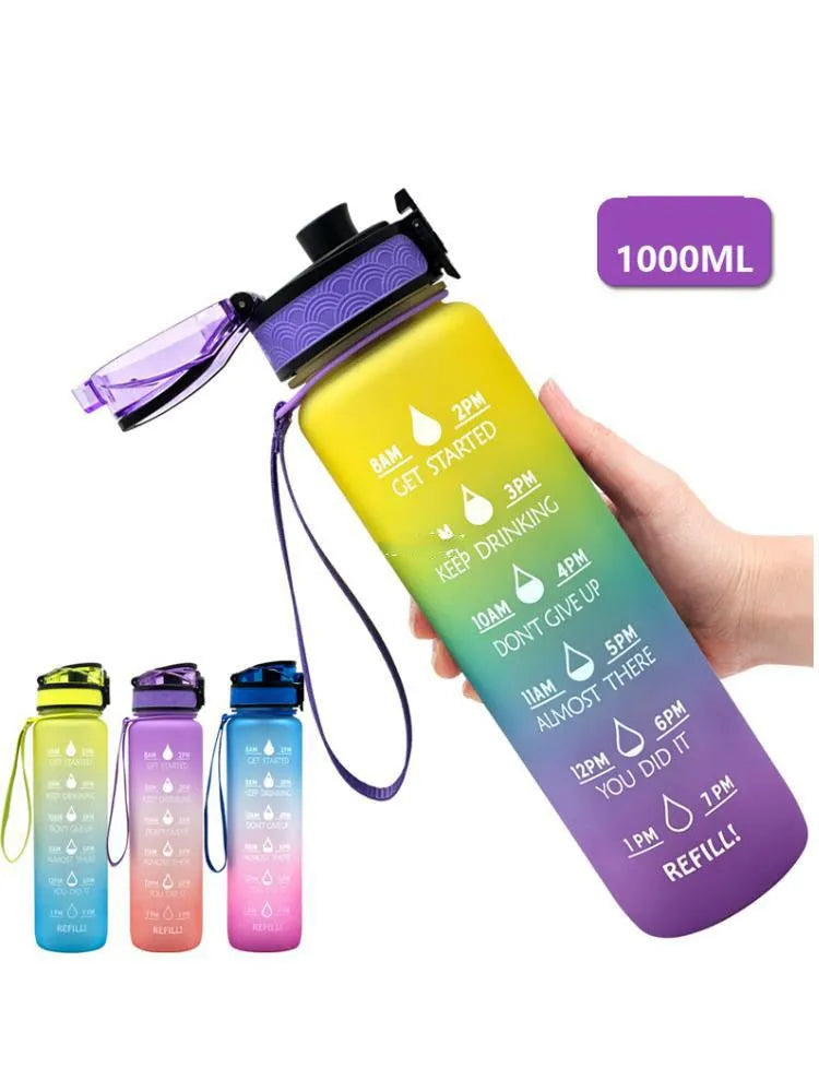 Clear transparent Tritan plastic sports water bottle with infuser, 1000ml capacity, on a plain background.