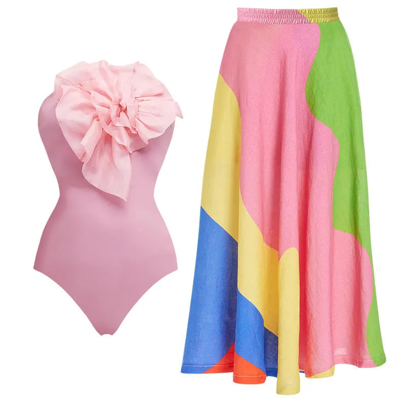 Women's backless halter neck one-piece swimsuit with matching skirt in flower pattern colour
