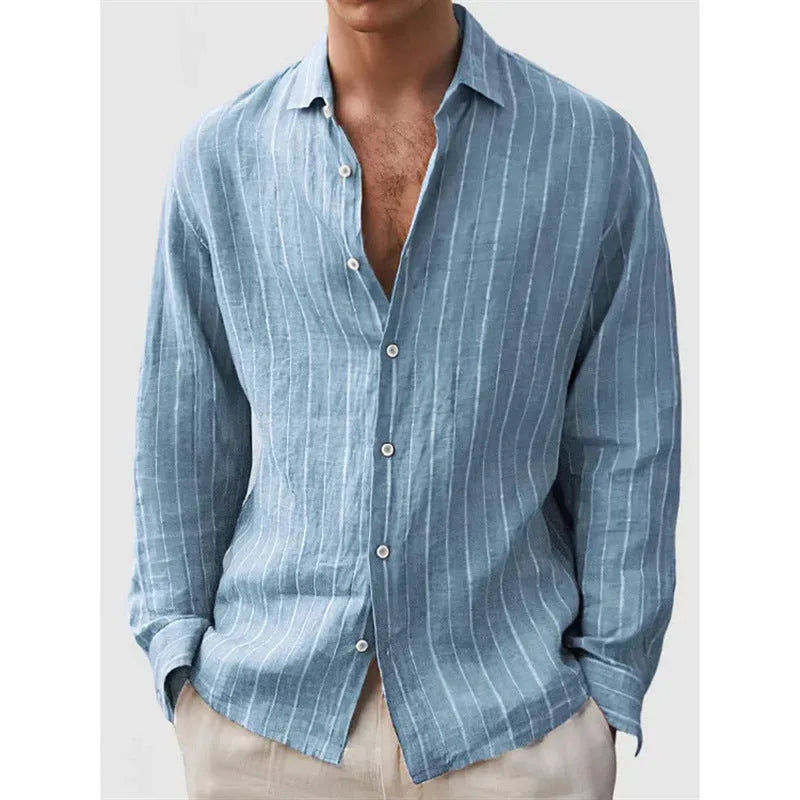 Men's loose-fitting striped cardigan-style shirt in polyester fabric showing colour and pattern details