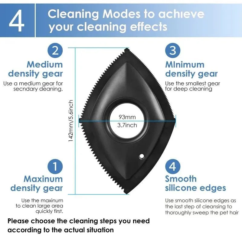 Silicone pet hair removal brush in black, green or red for cleaning sofas and car seats.