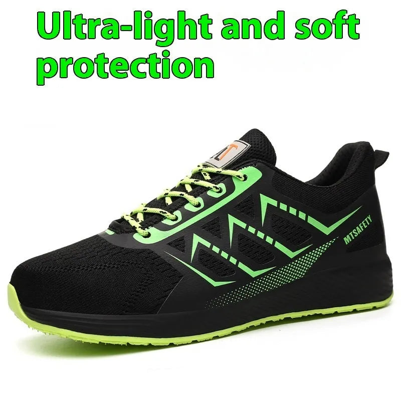 Black ultra-light labour protection safety shoes with steel toe cap and lace-up front