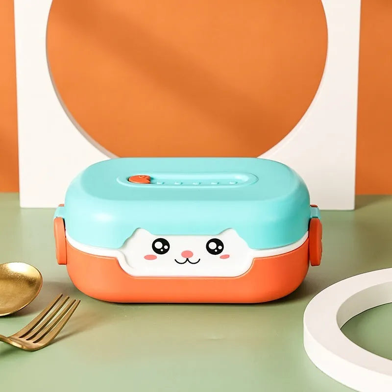 Square plastic divided lunch box with cartoon design in blue, pink green, or orange colour options