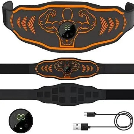 Orange and blue rechargeable EMS smart massage belt with arm and leg pads