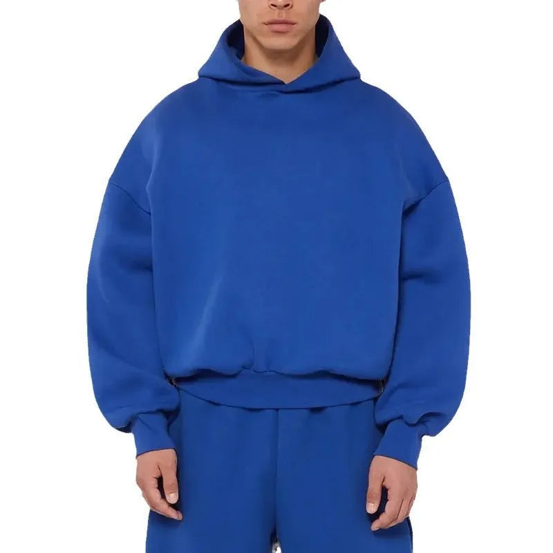 Men's fleece-lined cotton pullover hoodie sweater with wool lining in solid colour options