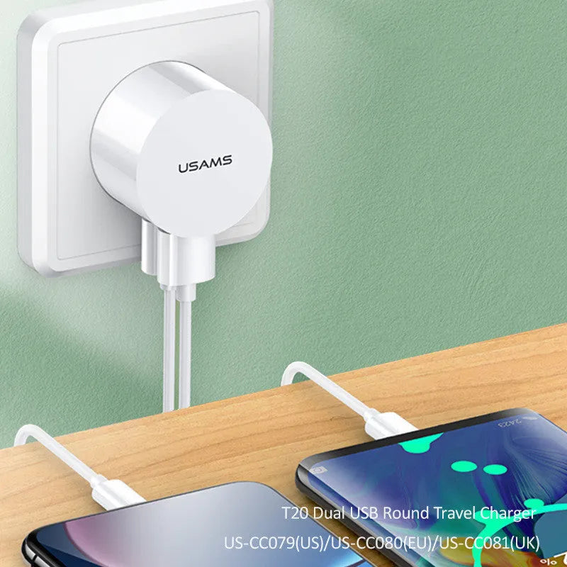 White portable universal dual USB phone charger with US, EU, and UK plug types.