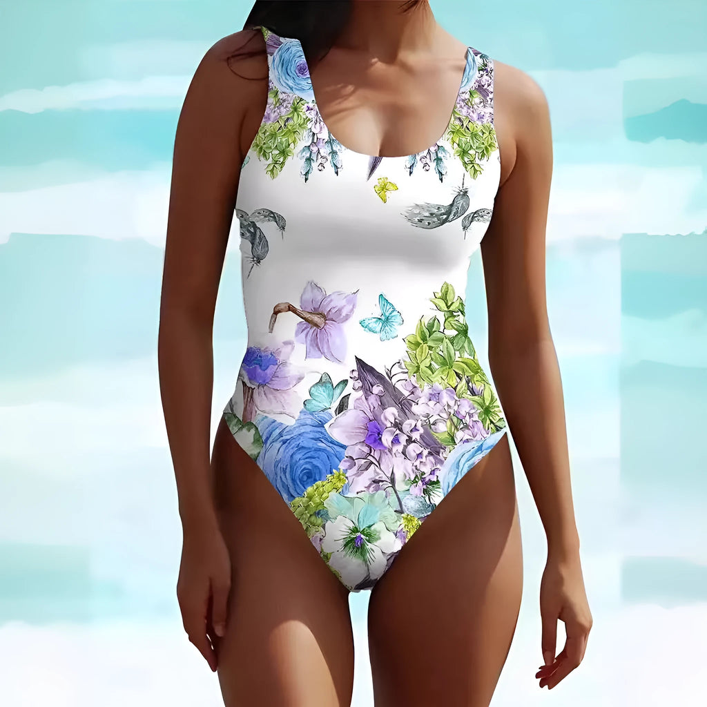 Women's sleeveless Bohemian swimsuit dress in colourful pattern, flat mop cloth spandex fabric