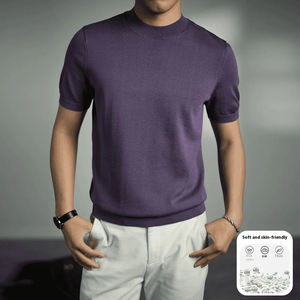 Men's knitted business T-shirt in solid colours with round neck and short sleeves