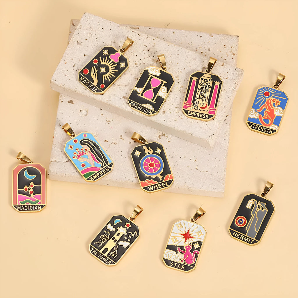 French retro tarot pendant rectangular dripping oil finish 304 stainless steel 2.1 cm