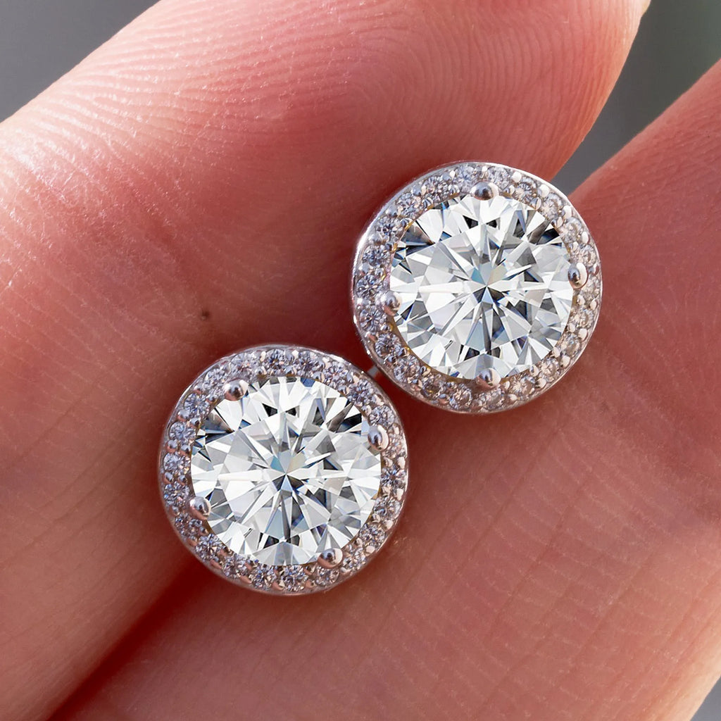 S925 sterling silver moissanite stud earrings with U-shaped round micro inlaid setting, one pair