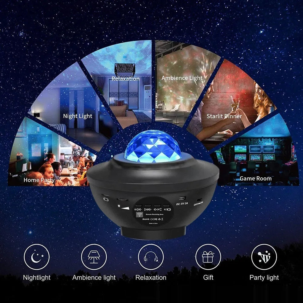 Black parallel style starry sky projection lamp with remote control on desktop