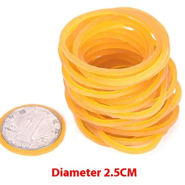 500g pack of yellow rubber bands showing assorted sizes from small to large diameters
