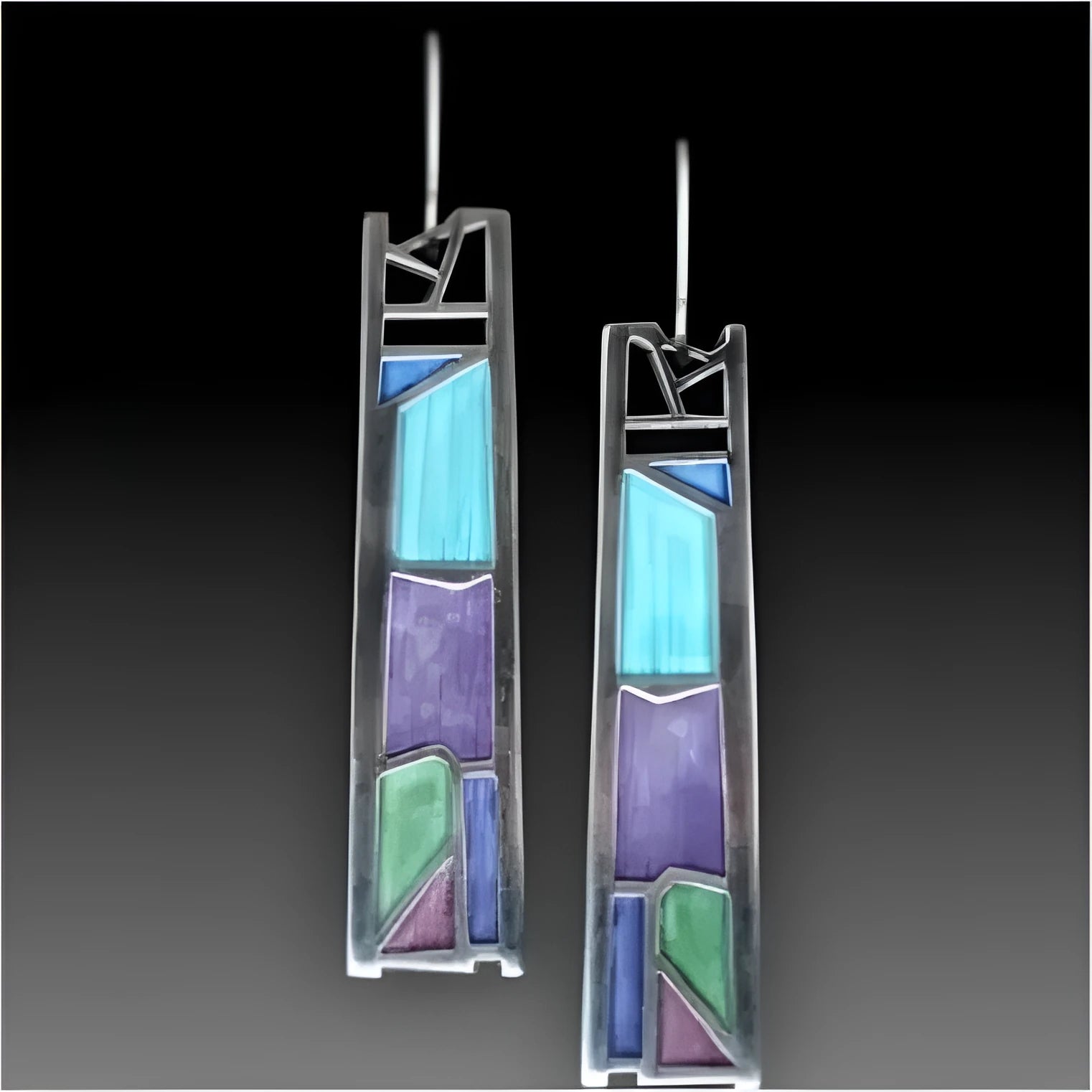 Silver water drop shaped alloy earrings with irregular oil colour pattern design