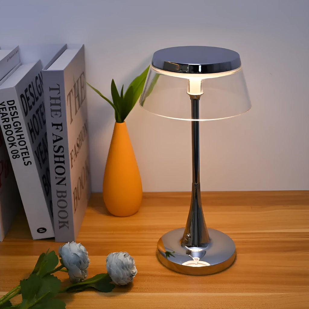 Aluminium acrylic rechargeable touch-dimming LED table lamp D13.5 H27cm in grey shade with USB charging cable