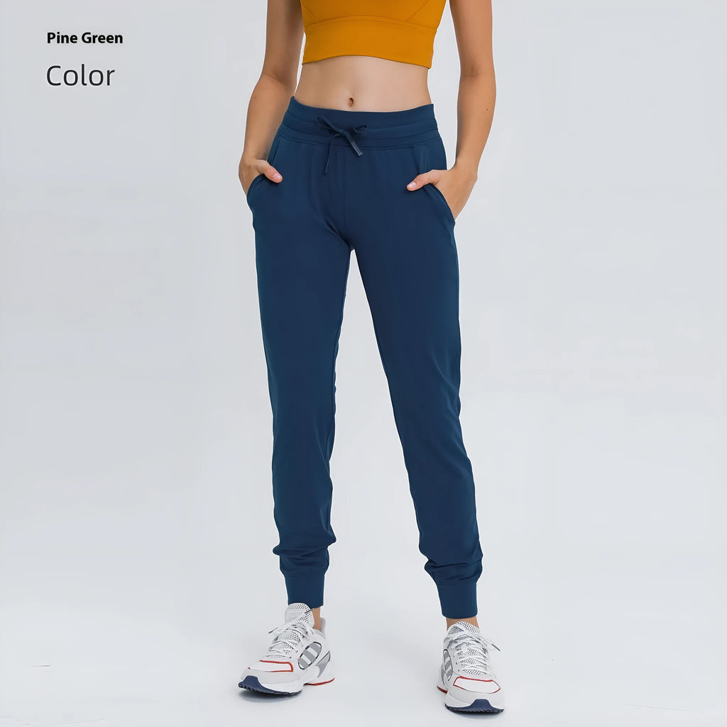 Women's high waist yoga pants with drawstring in cotton blend fabric for fitness activities