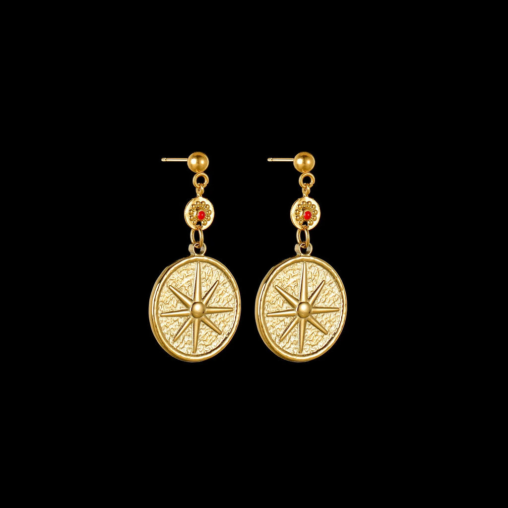 Geometric stainless steel earrings showing Eight Awn Star, Eye, and Shell Sun design options