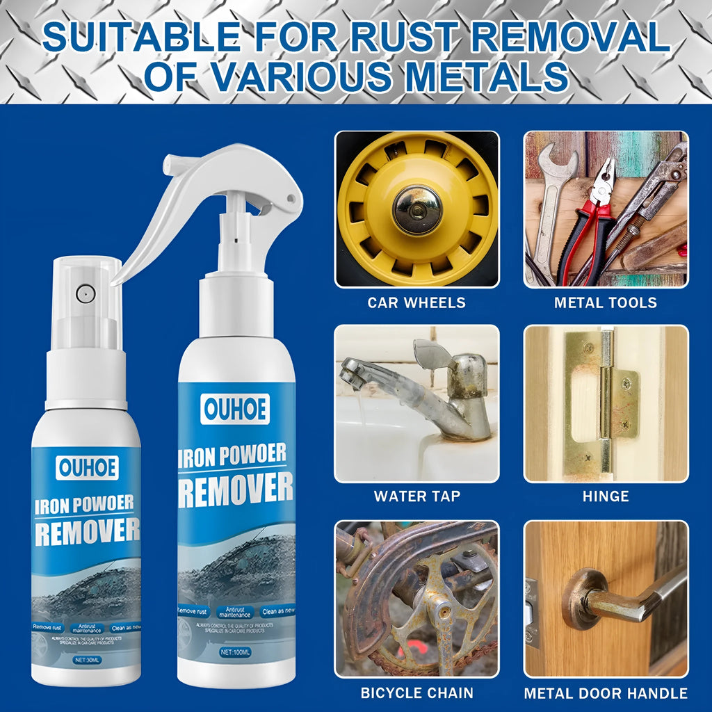 Car rust remover spray bottle with blue square sponge and microfibre towel for automotive corrosion treatment