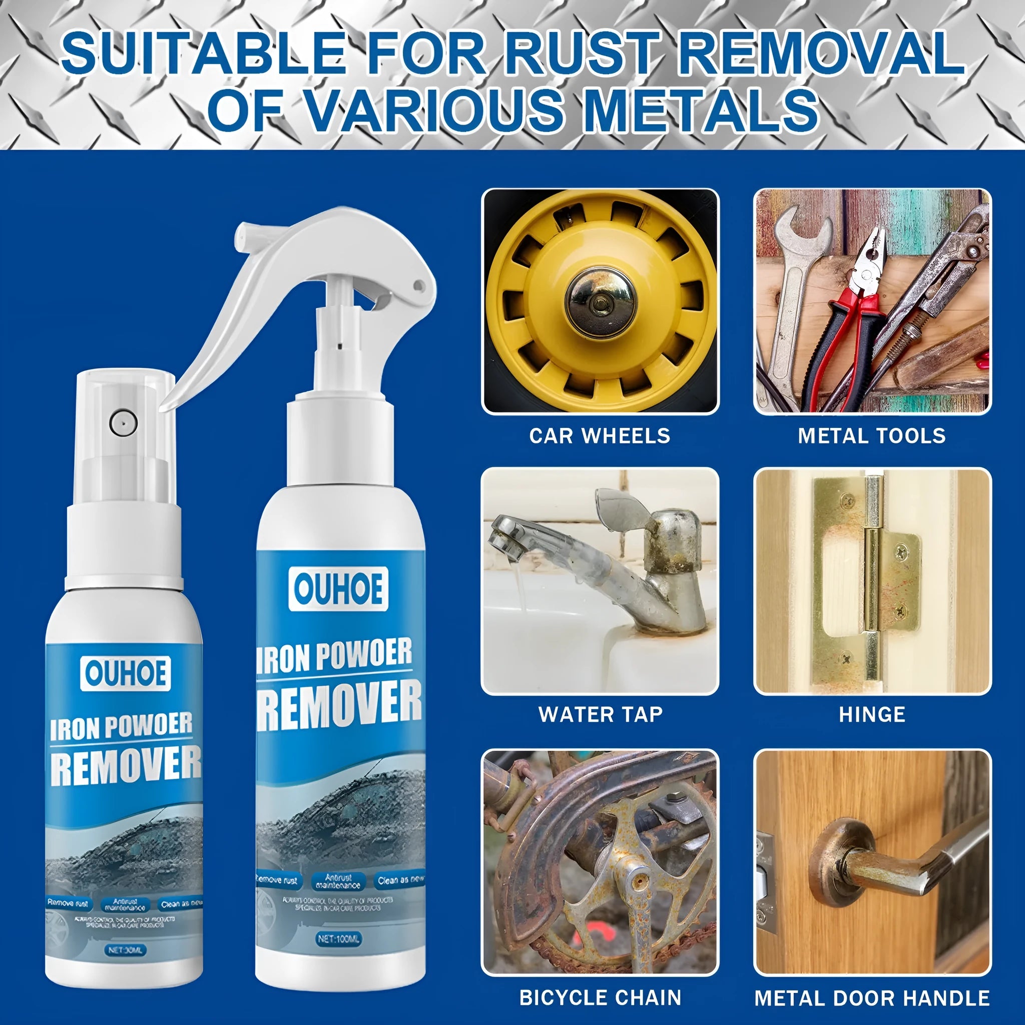 Car rust remover spray bottle with blue square sponge and microfibre towel for automotive corrosion treatment