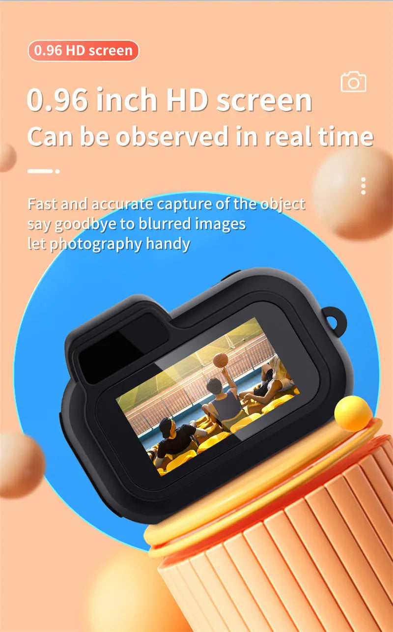 Black retro-style mini digital video camera with a built-in LCD screen on the back.