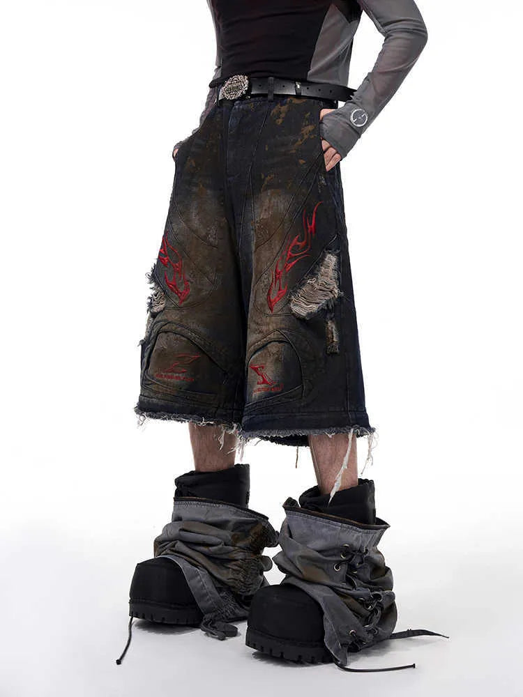 Men's retro wide leg jeans with detachable trouser legs in denim fabric