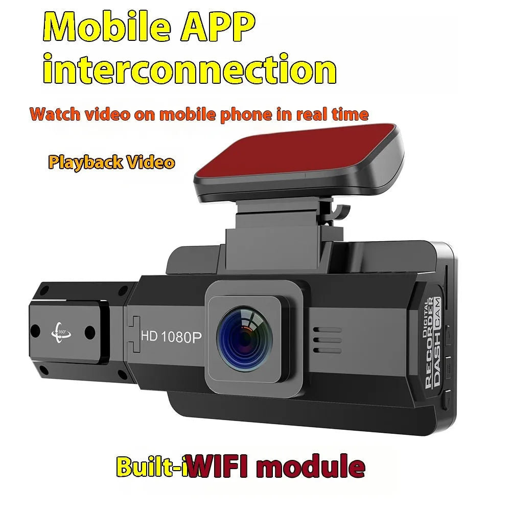 Front car driving recorder with 3-inch screen mounted on a car windscreen.