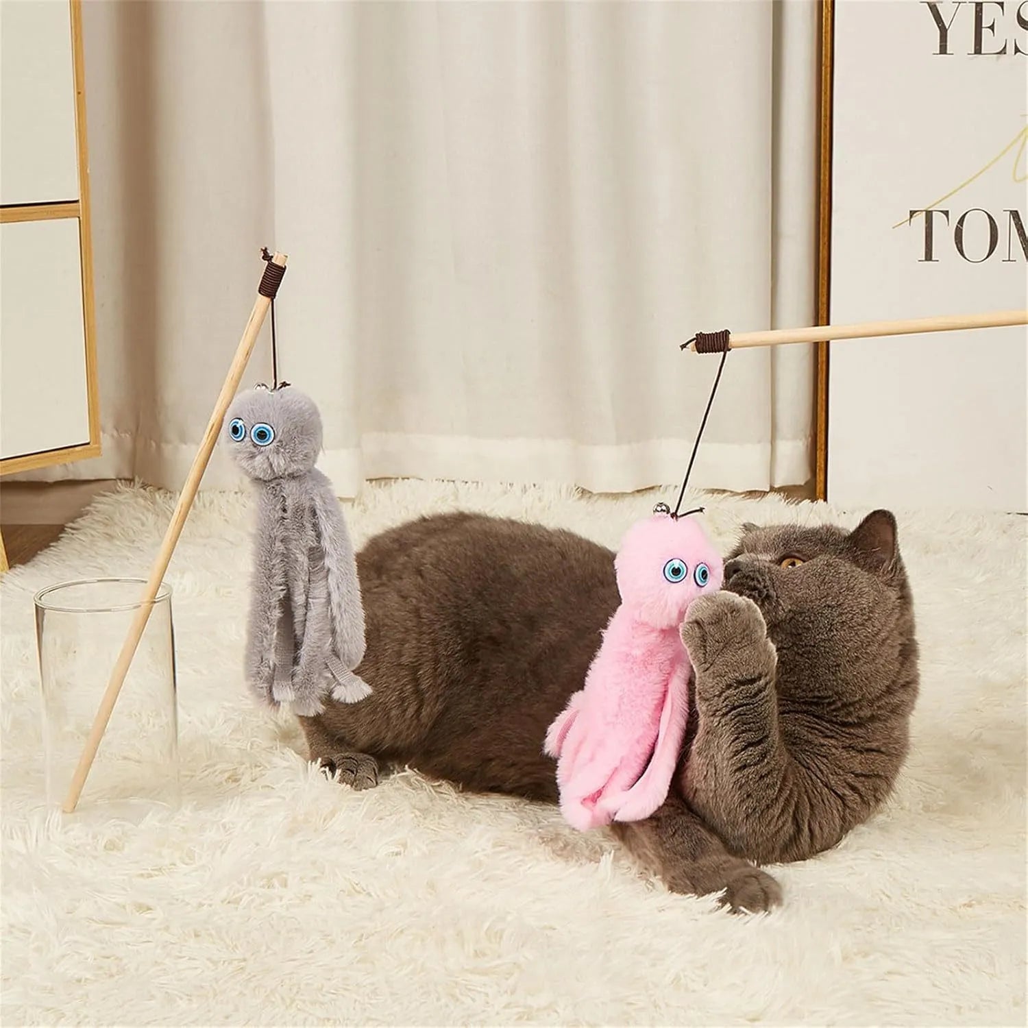 Octopus cat toy with long stick in multiple colours for indoor play