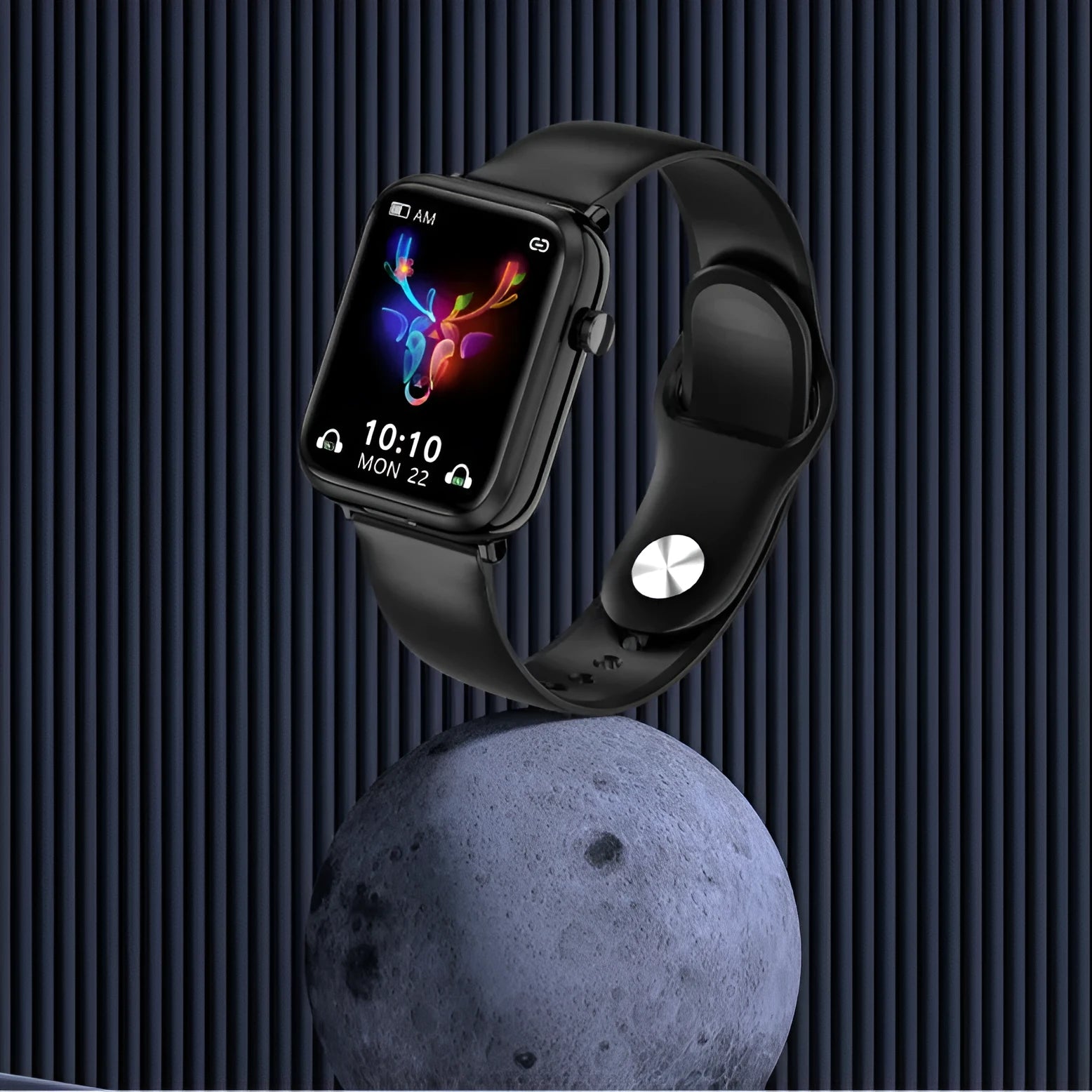 Black zinc alloy smartwatch with 1.69-inch touch screen displaying heart rate data.