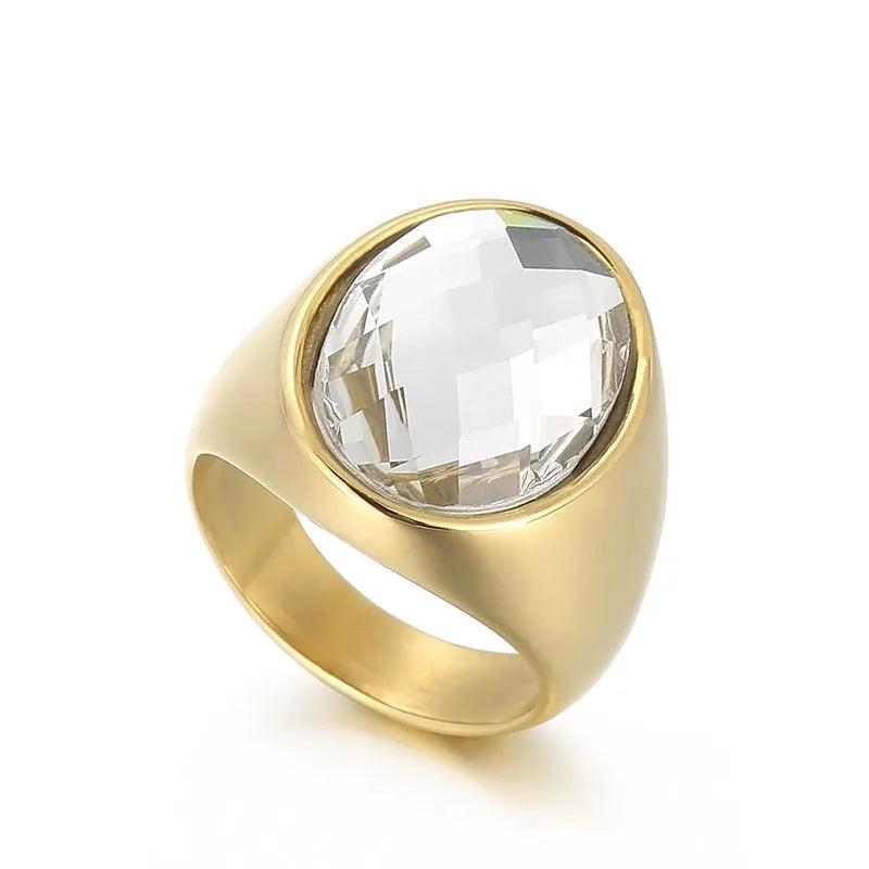 Stainless steel geometric oval ring for women with retro electroplated finish on plain background