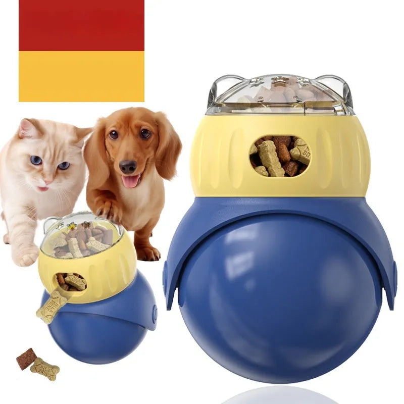 Morandi yellow and blue plastic tumbler owl cat puzzle feeder toy.