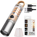 Orange 10W LED flashlight with dual light source, optical zoom, and USB charging cable