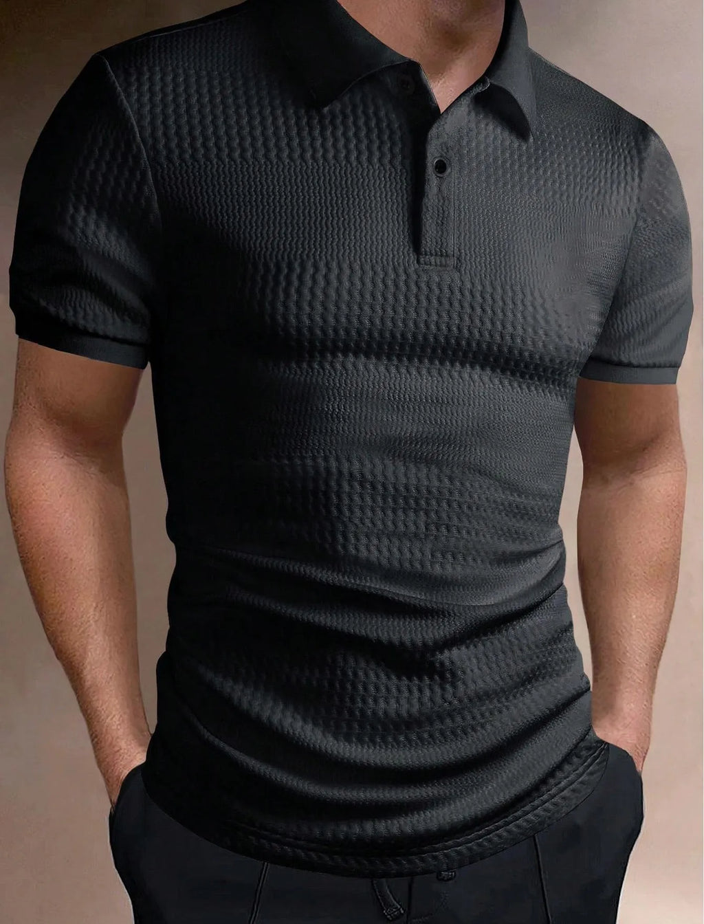 Men's striped polo shirt in loose fit with short sleeves showing asymmetric design detail