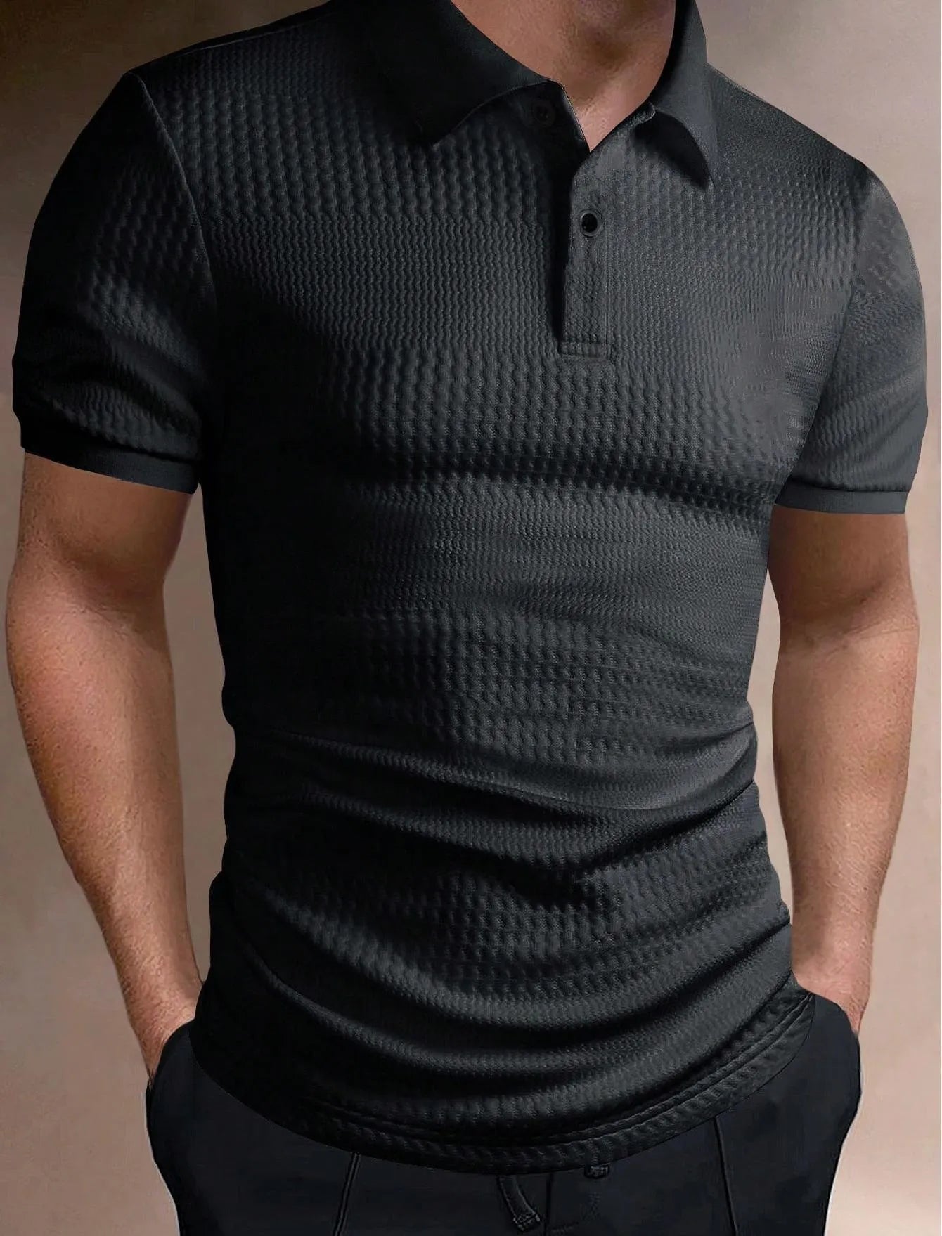 Men's striped polo shirt in loose fit with short sleeves showing asymmetric design detail