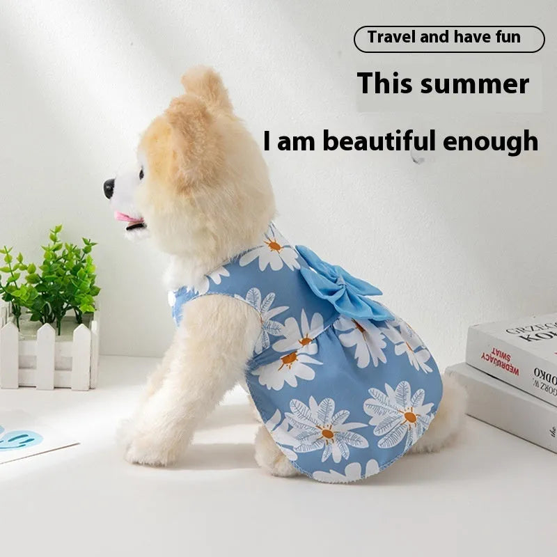 Ultra-thin polyester pet dress with butterfly knot and floral print in multiple colour options