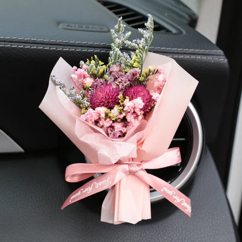 Car vent mounted dried flower bouquet decorative accessory in various floral styles