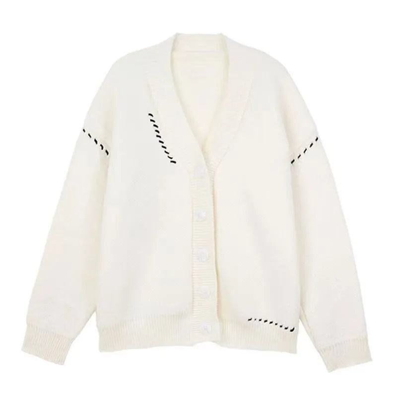 Women's loose fit knitted cardigan coat in black, long sleeve open front design.
