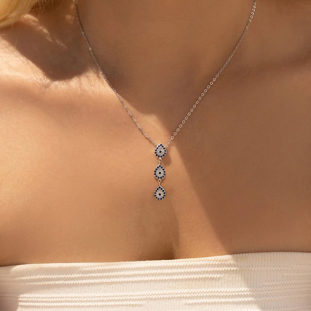 Sterling silver Y-shaped chain necklace with full diamond eye design, S925 colour, 41-50cm perimeter