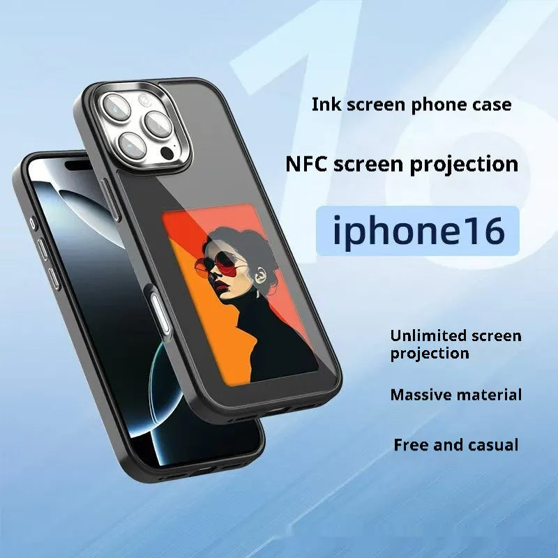 Cross-border NFC four-colour E-ink screen AI projection phone case for iPhone 13-16 series in black with artistic floral design