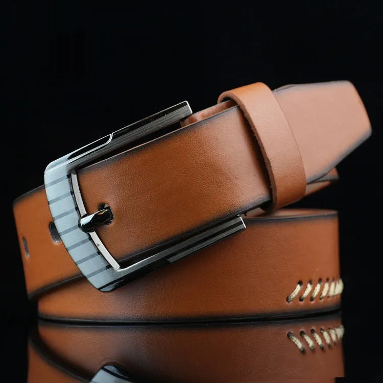Men's imitation leather belt with alloy pin buckle in black colour showing pattern details