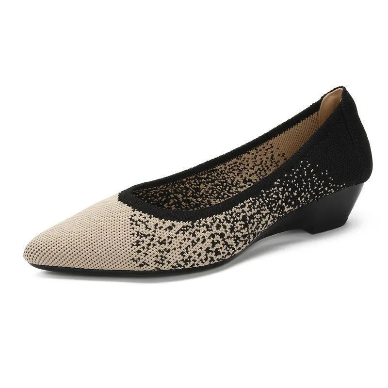 Women's woven pointed toe flat pumps with Flyknit mesh wedge design in leopard brown colour