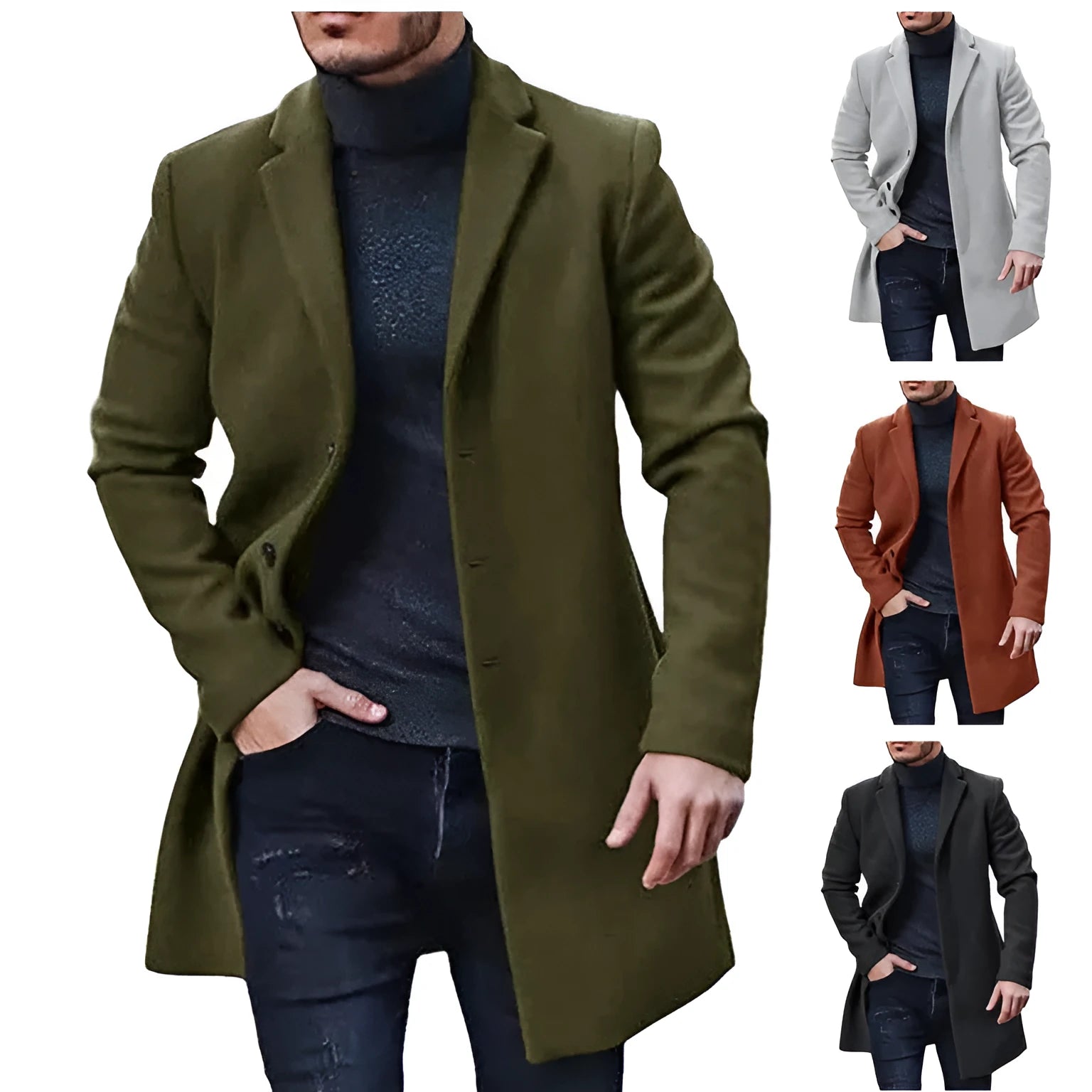 Men's medium-length thickened polyester tweed coat in camel colour for commuting