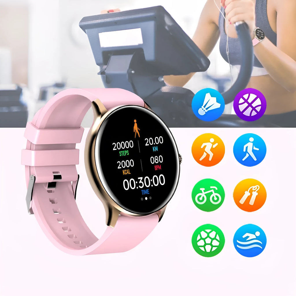 Black smartwatch with circular 1.28-inch screen and silicone strap for blood pressure and activity tracking.