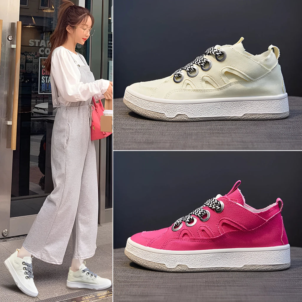 Women's canvas shoes in green, beige, or pink with platform rubber sole and front tie, sizes 35-40