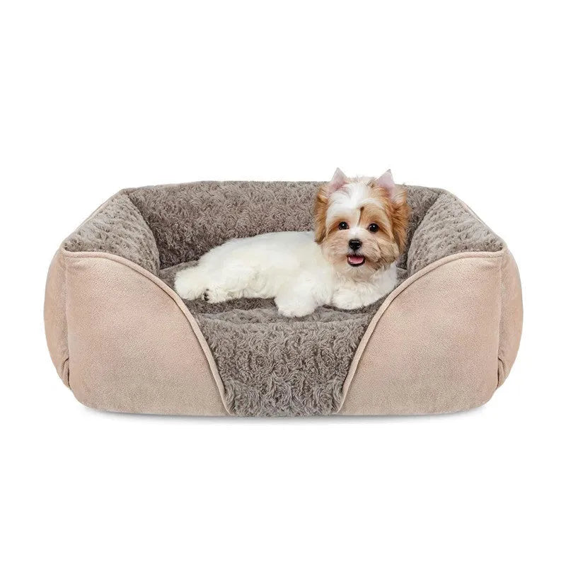 Beige pet kennel bed with golden retriever stuffed toy and removable faux fur cover