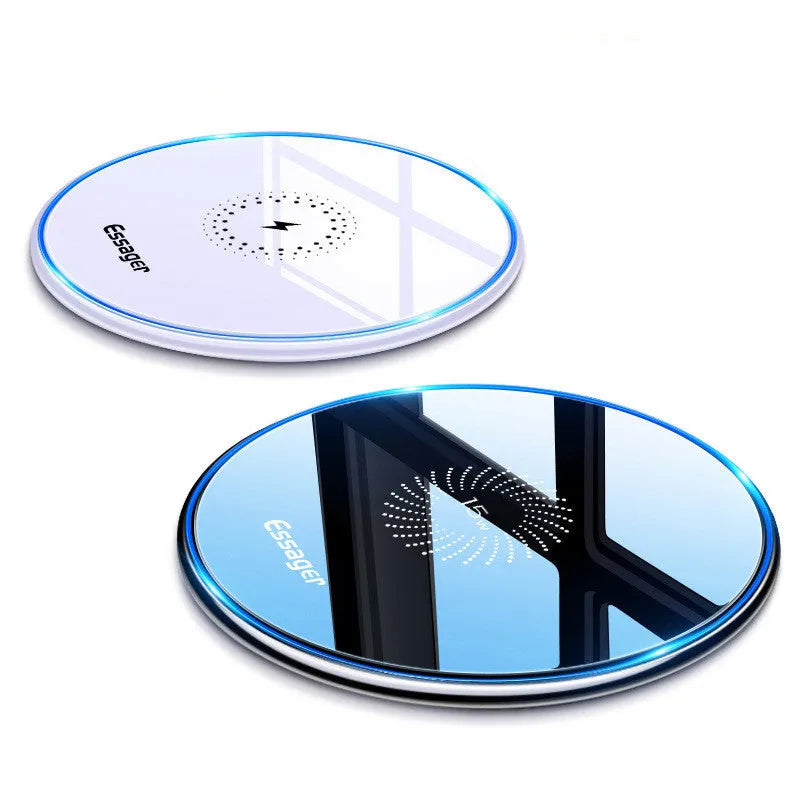 Desktop round wireless charger with mirror surface in black and white acrylic aluminium alloy