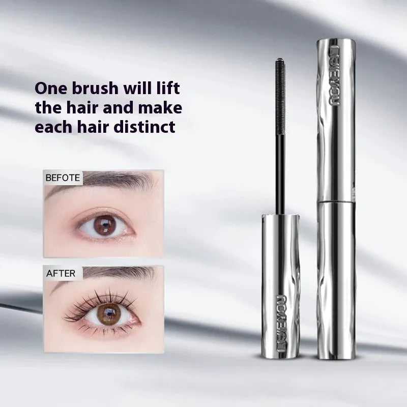 Waterproof steel tube mascara for long thick eyelashes in black or brown colour