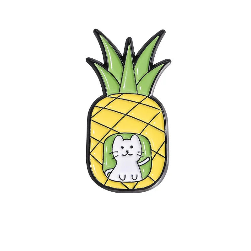 Close-up of a colourful cartoon fruit and letter design zinc alloy brooch pin.