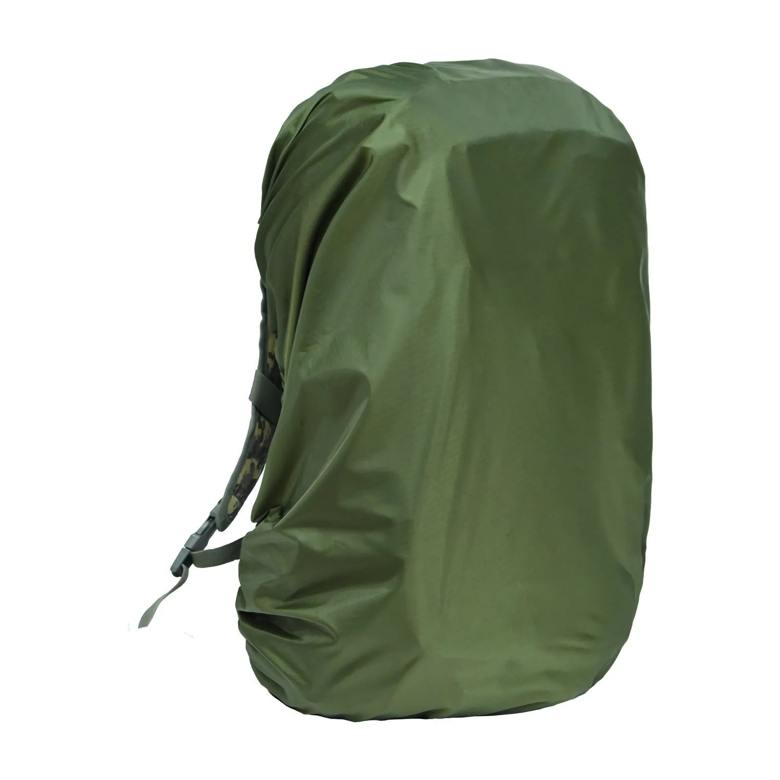80-litre capacity backpack rain cover in Army Green colour laid flat.