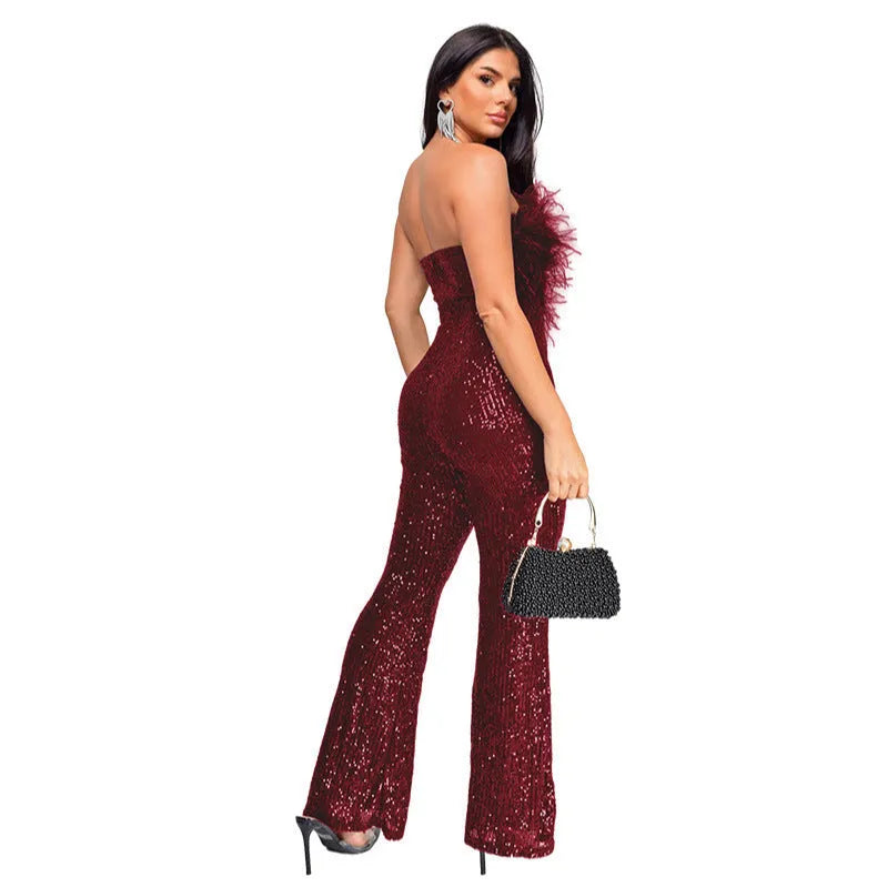 Women's sleeveless backless jumpsuit with sequin decoration and flared legs in a champagne colour